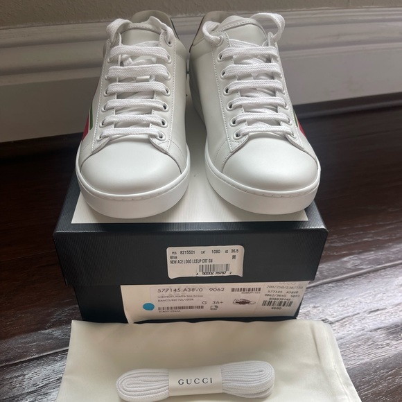 Brand New Gucci Ace Sneakers Green Red Logo GG White Womens Size 36.5 - Picture 3 of 12